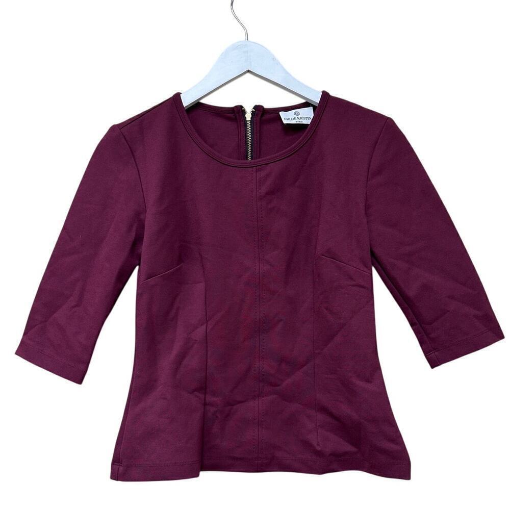 Chloe Kristyn Size XS Maroon Red 3/4 Sleeves Back Zip Blouse Work Office Siren